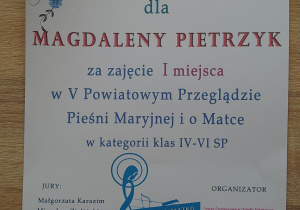 Dyplom dla Magdaleny Pietrzyk za zajęcia I miejsca.